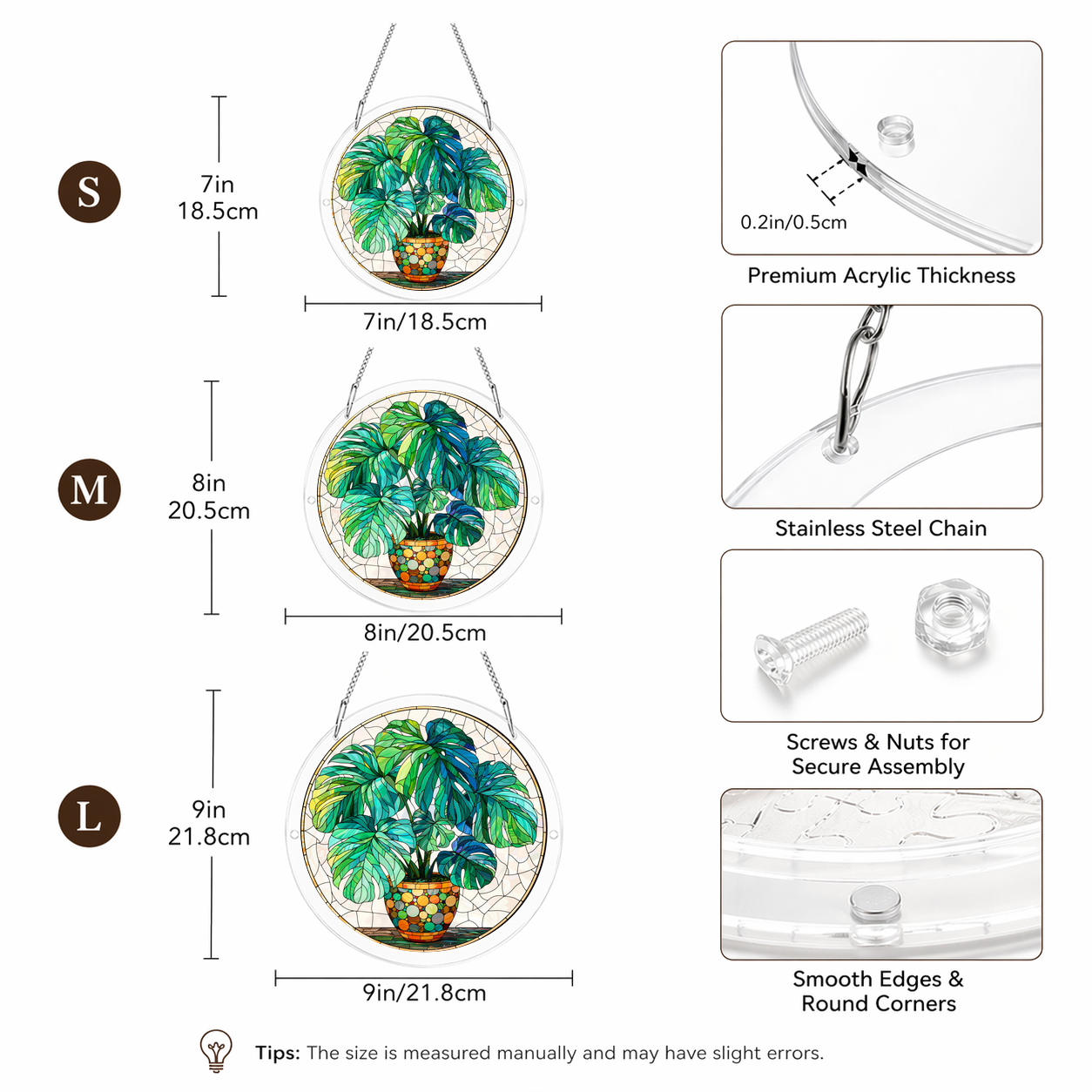 Acrylic Jigsaw Puzzle Suncatcher - Green Botanical - Size guide