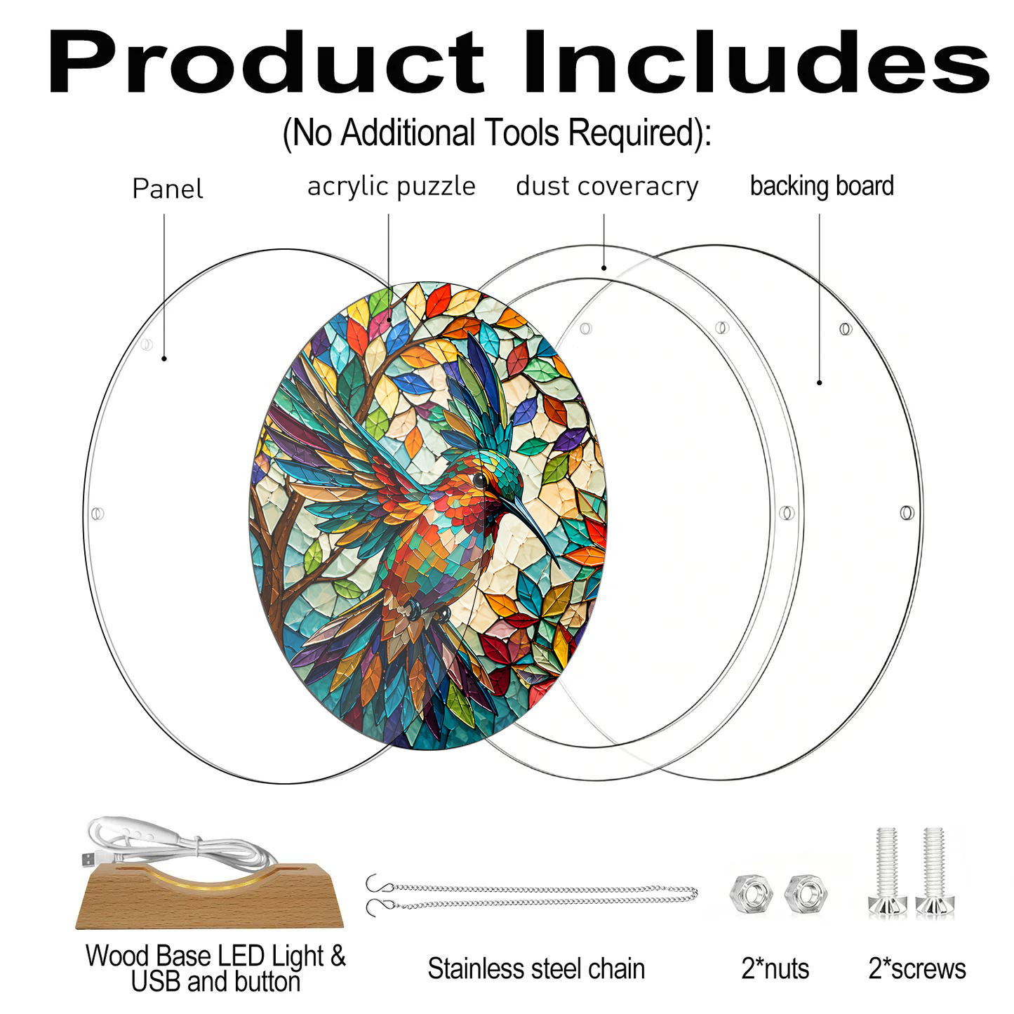 Acrylic Jigsaw Puzzle Suncatcher - Hummingbird Garden - Product includes
