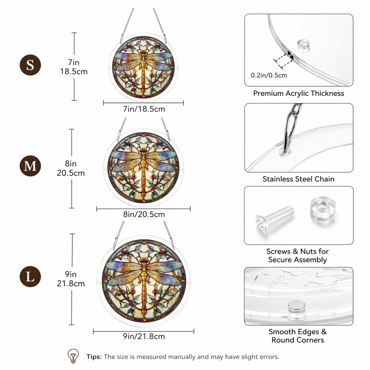 Acrylic Jigsaw Puzzle Suncatcher - Dragonfly Garden - Size guide