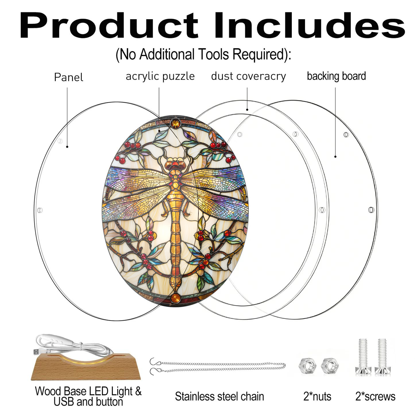 Acrylic Jigsaw Puzzle Suncatcher - Dragonfly Garden - Product includes