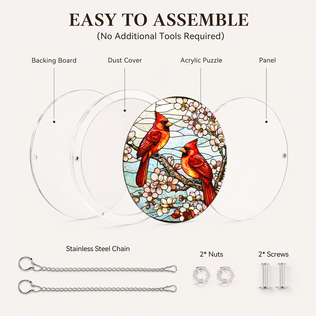Acrylic Jigsaw Puzzle Suncatcher - Red Cardinal - Assembly accessories