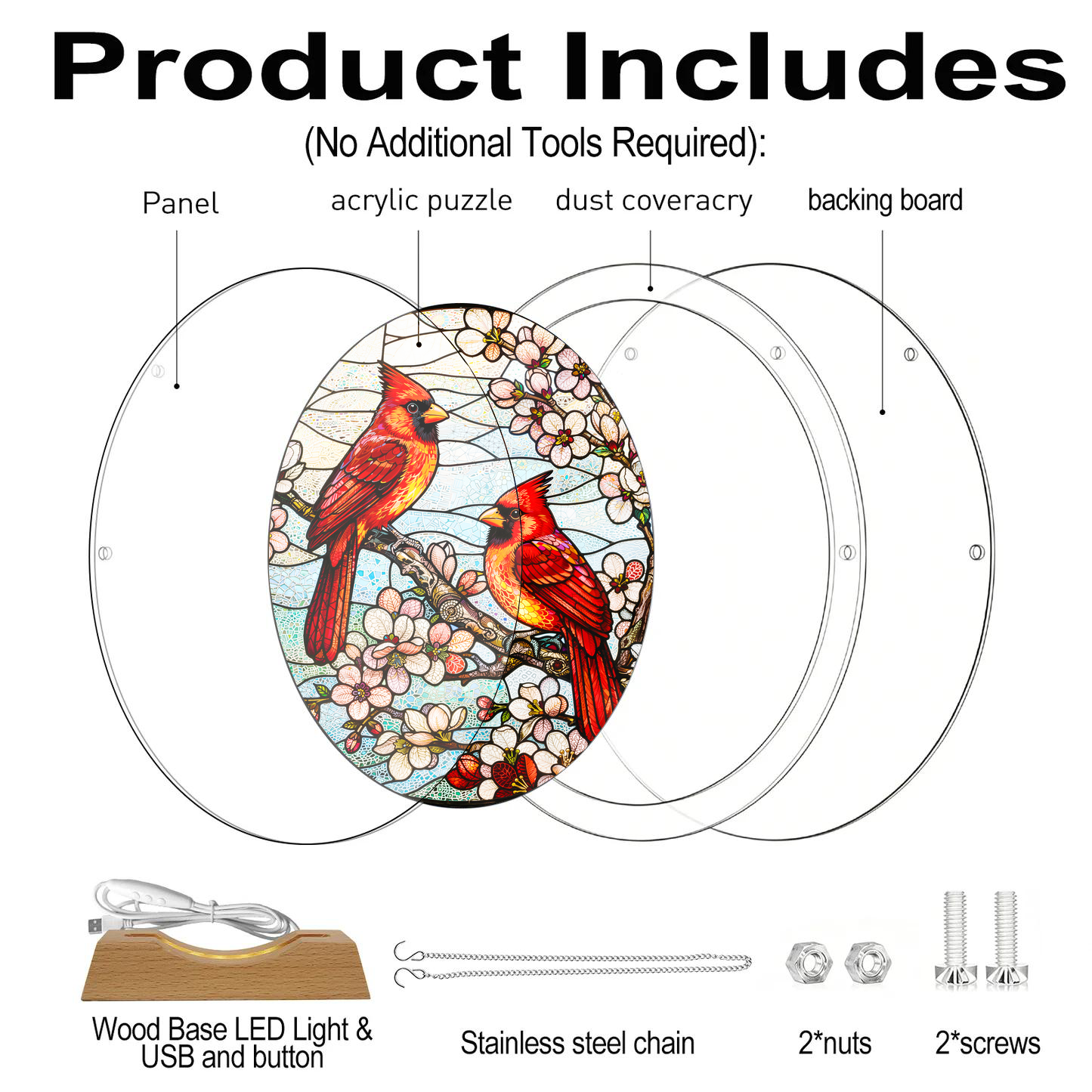 Acrylic Jigsaw Puzzle Suncatcher - Red Cardinal - Product includes