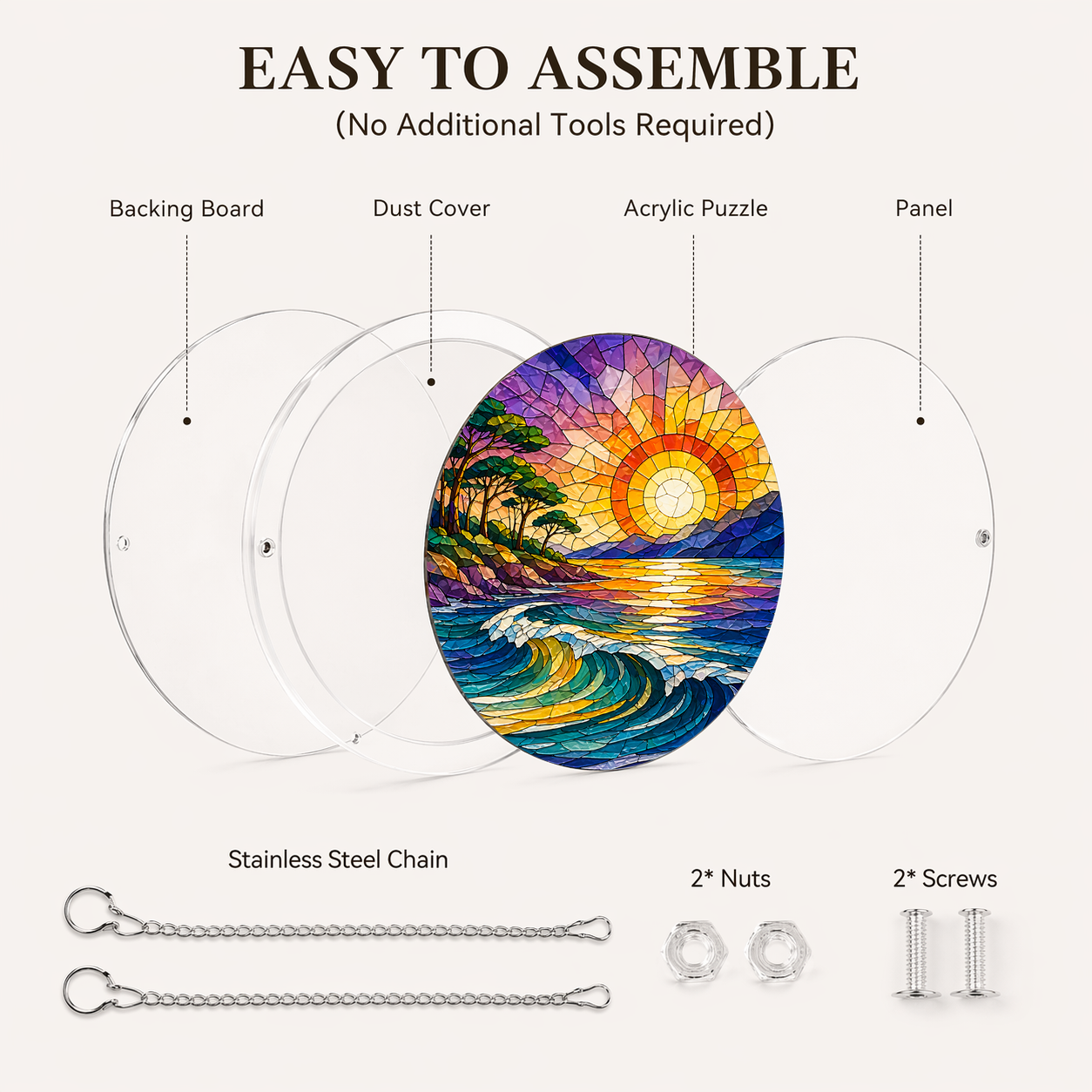 Acrylic Jigsaw Puzzle Suncatcher - Seaside Sunset - Assembly accessories