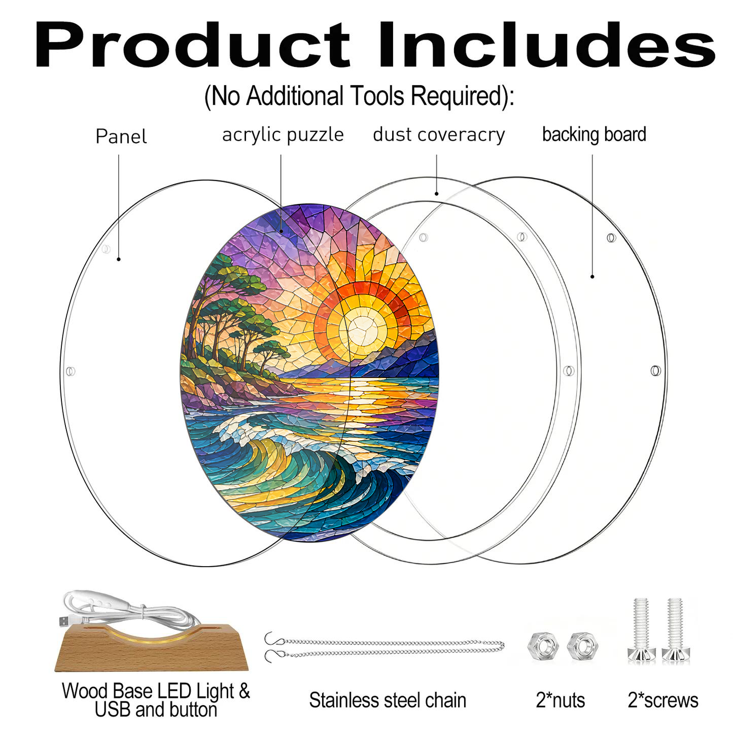 Acrylic Jigsaw Puzzle Suncatcher - Seaside Sunset - Product includes