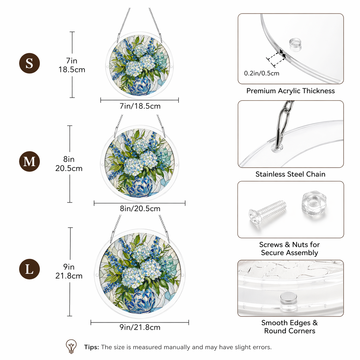 Acrylic Jigsaw Puzzle Suncatcher - Hydrangea Bloom - Size guide