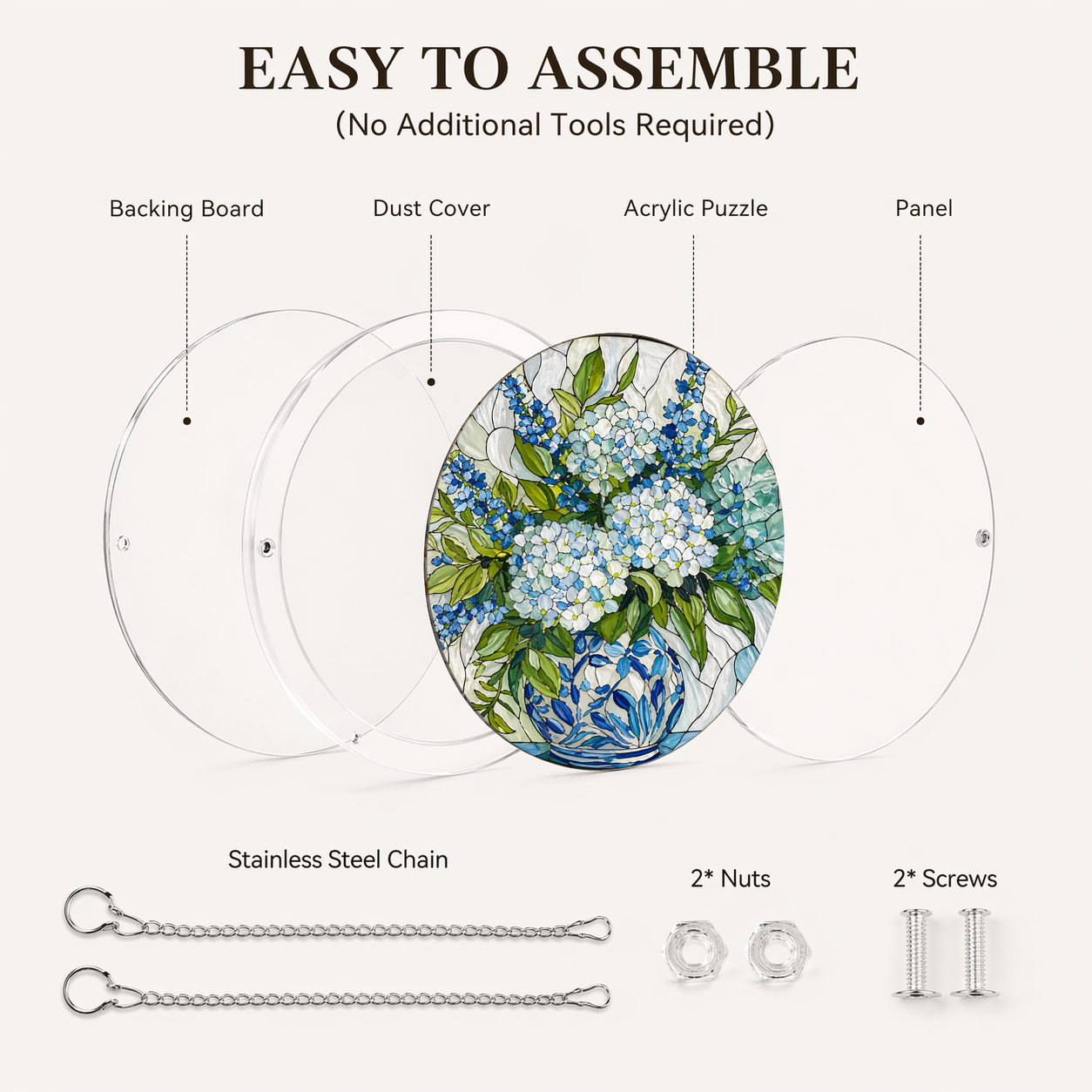 Acrylic Jigsaw Puzzle Suncatcher - Hydrangea Bloom - Assembly accessories