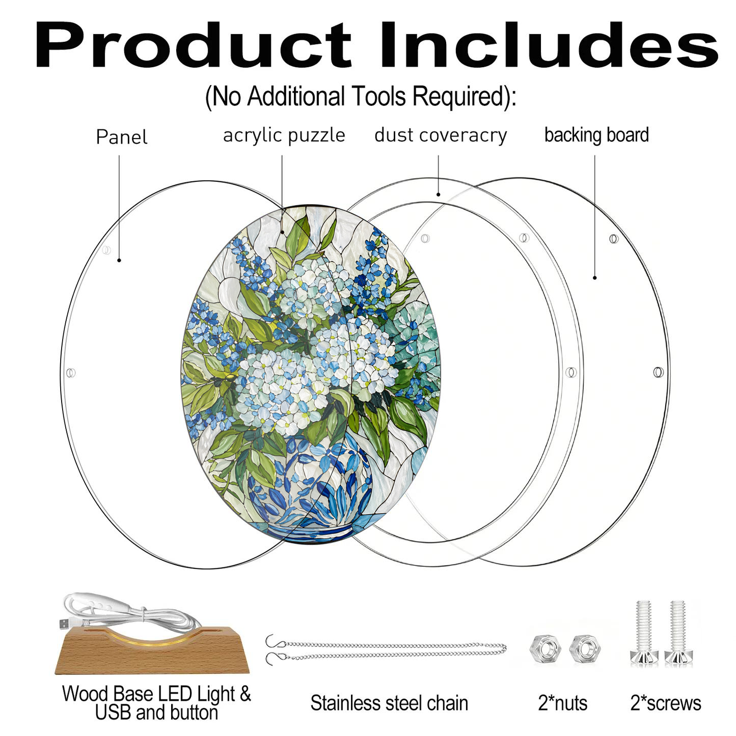 Acrylic Jigsaw Puzzle Suncatcher - Hydrangea Bloom - Product includes