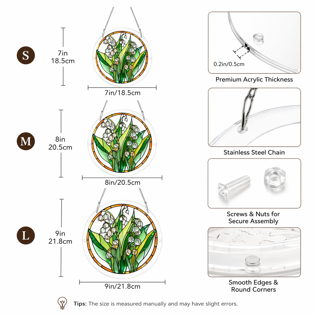 Acrylic Jigsaw Puzzle Suncatcher - Lily of the Valley - Size guide