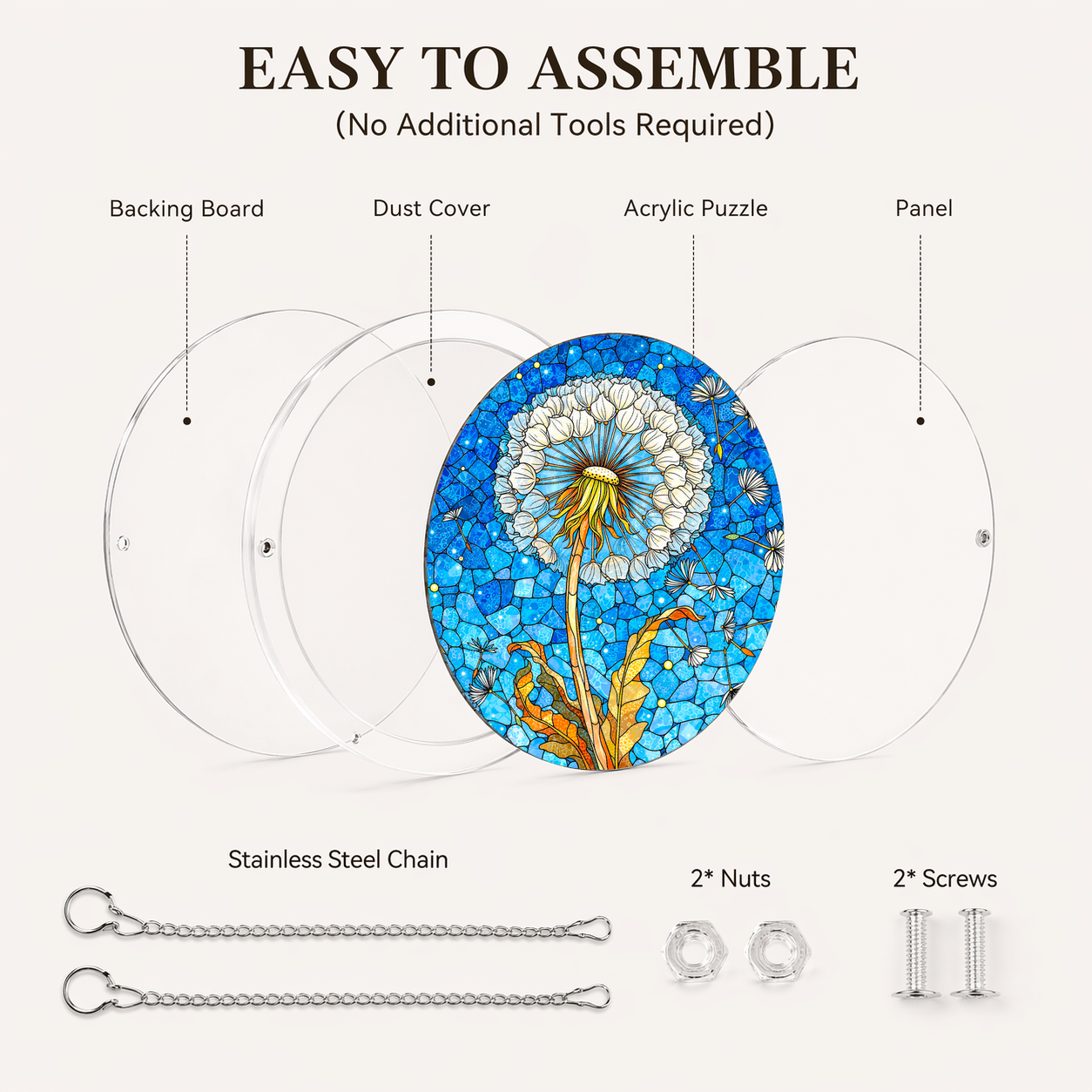Acrylic Jigsaw Puzzle Suncatcher - Dandelion Wishes - Assembly accessories