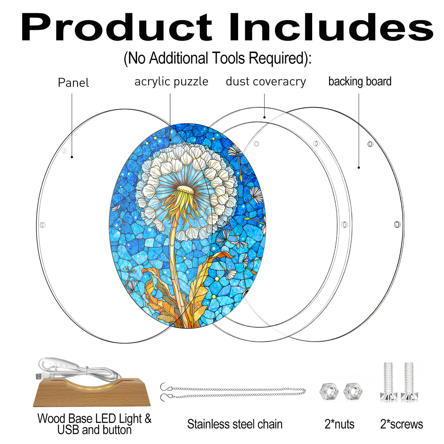 Acrylic Jigsaw Puzzle Suncatcher - Dandelion Wishes - Product includes