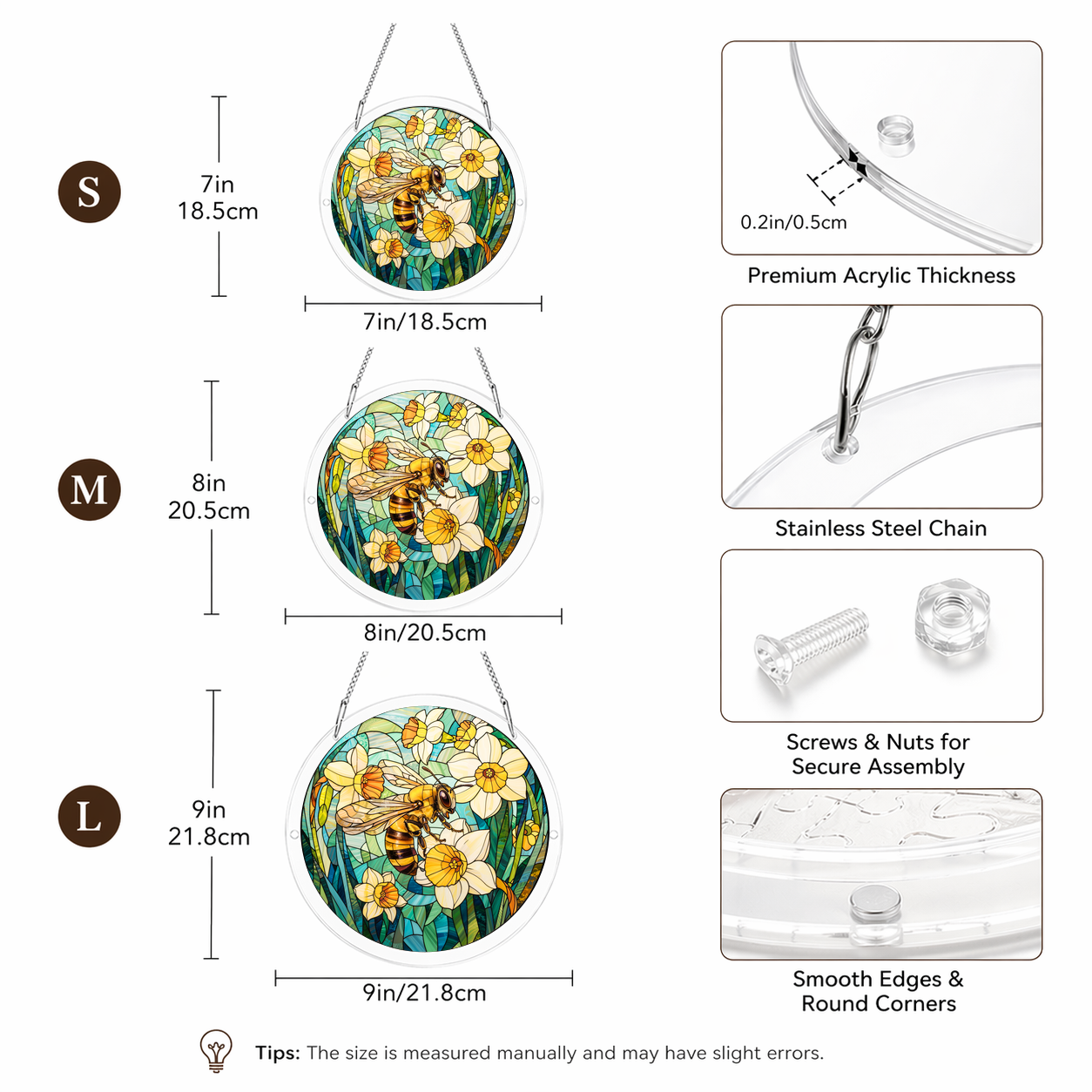 Acrylic Jigsaw Puzzle Suncatcher - Honey Bee - Size guide