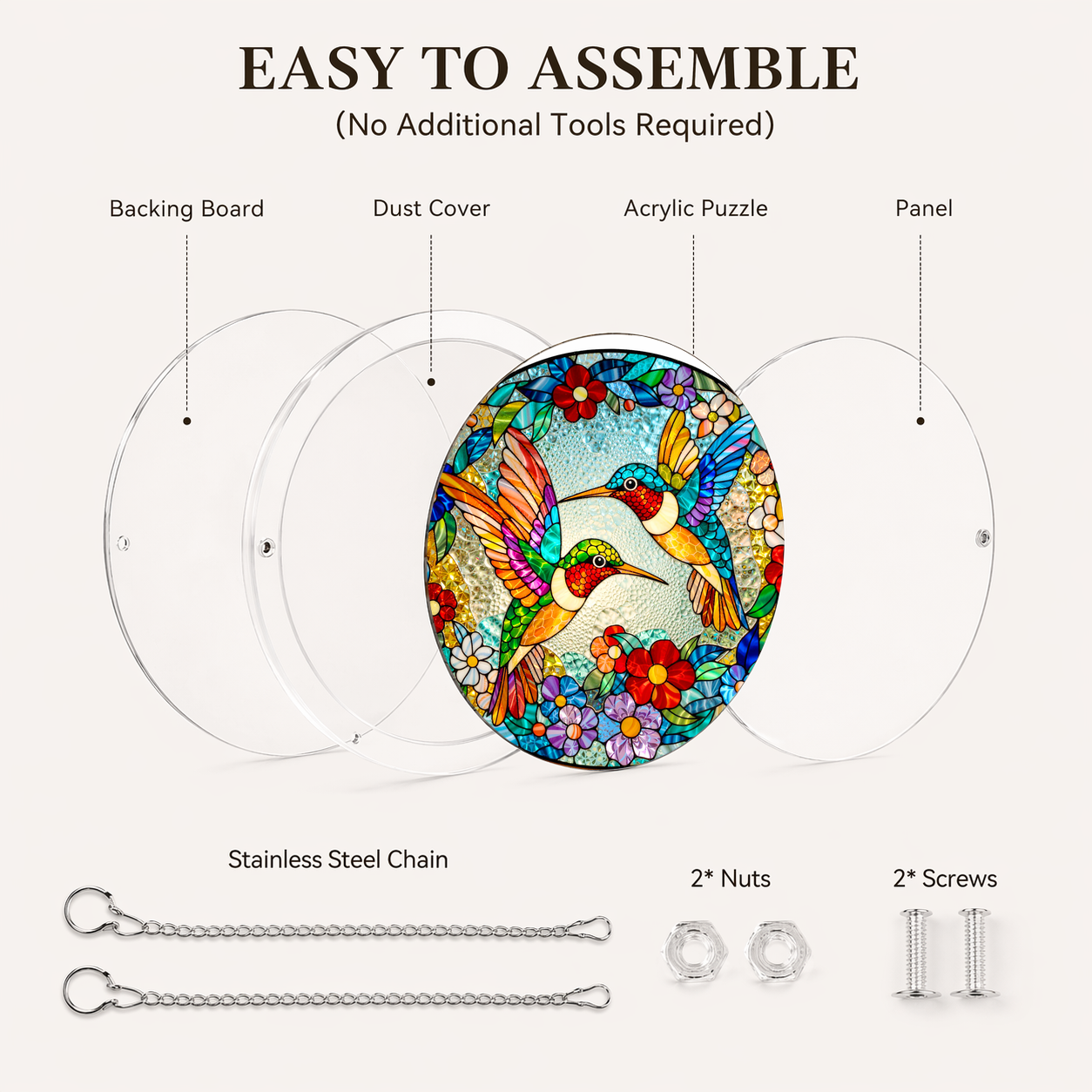 Acrylic Jigsaw Puzzle Suncatcher - Hummingbird Blossom - Assembly accessories