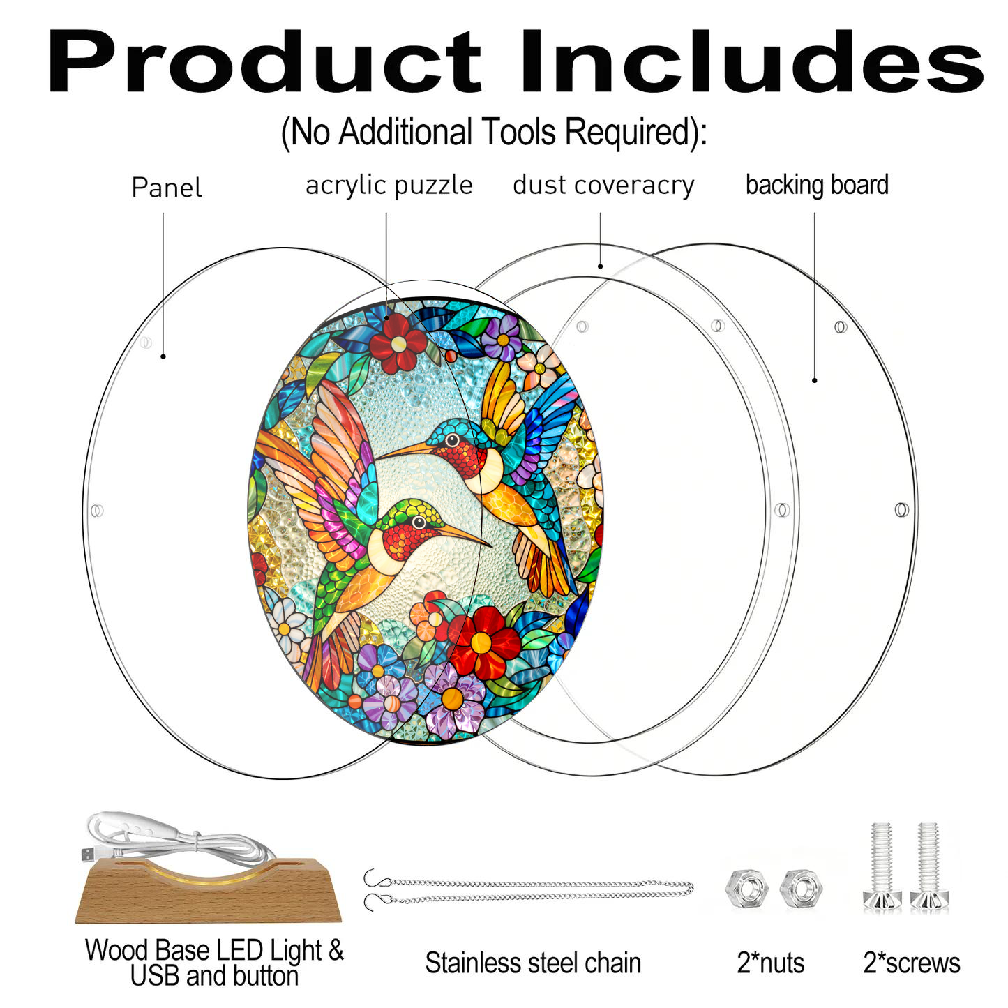 Acrylic Jigsaw Puzzle Suncatcher - Hummingbird Blossom - Product includes