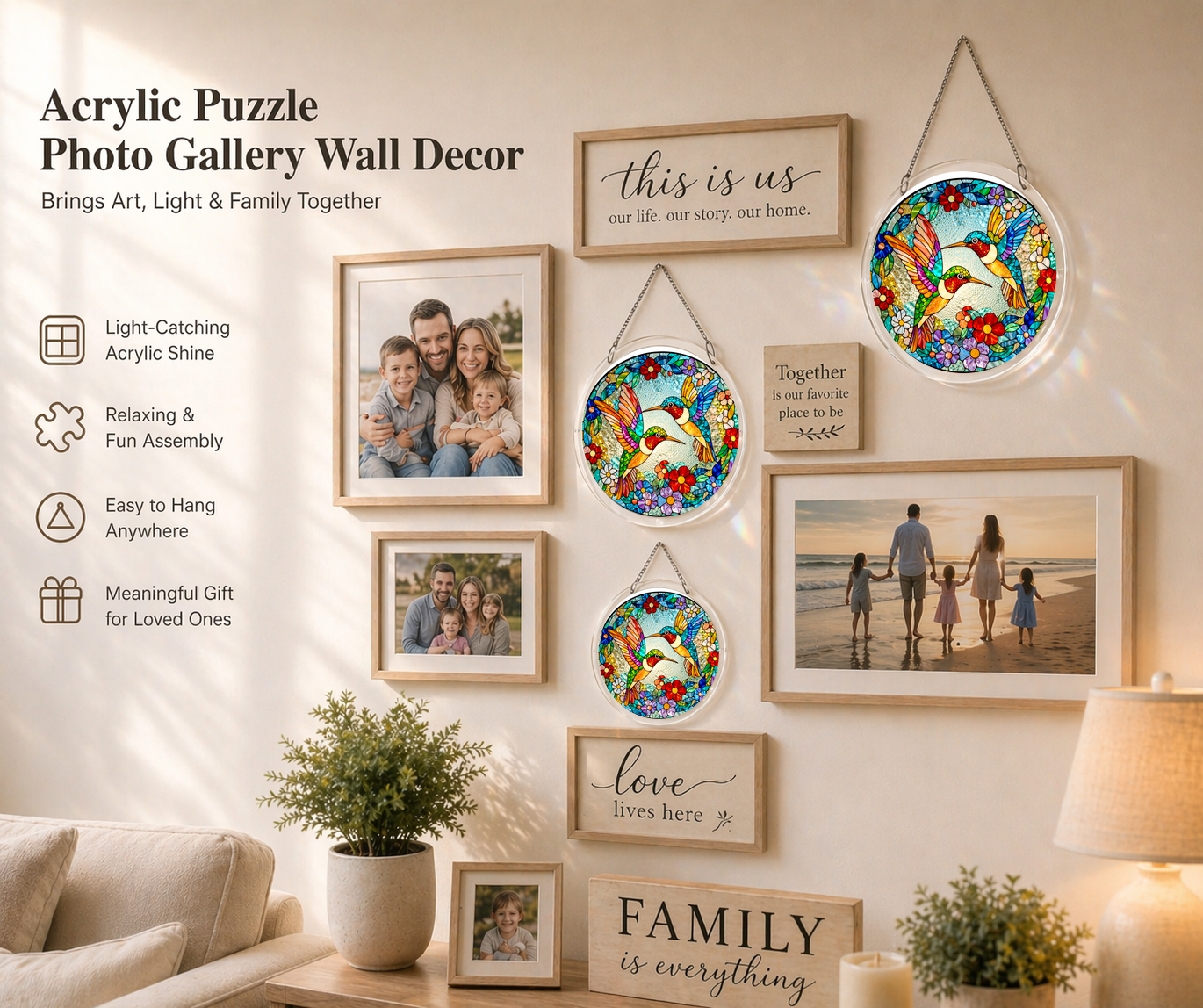 Acrylic Jigsaw Puzzle Suncatcher - Hummingbird Blossom - Gallery wall decor