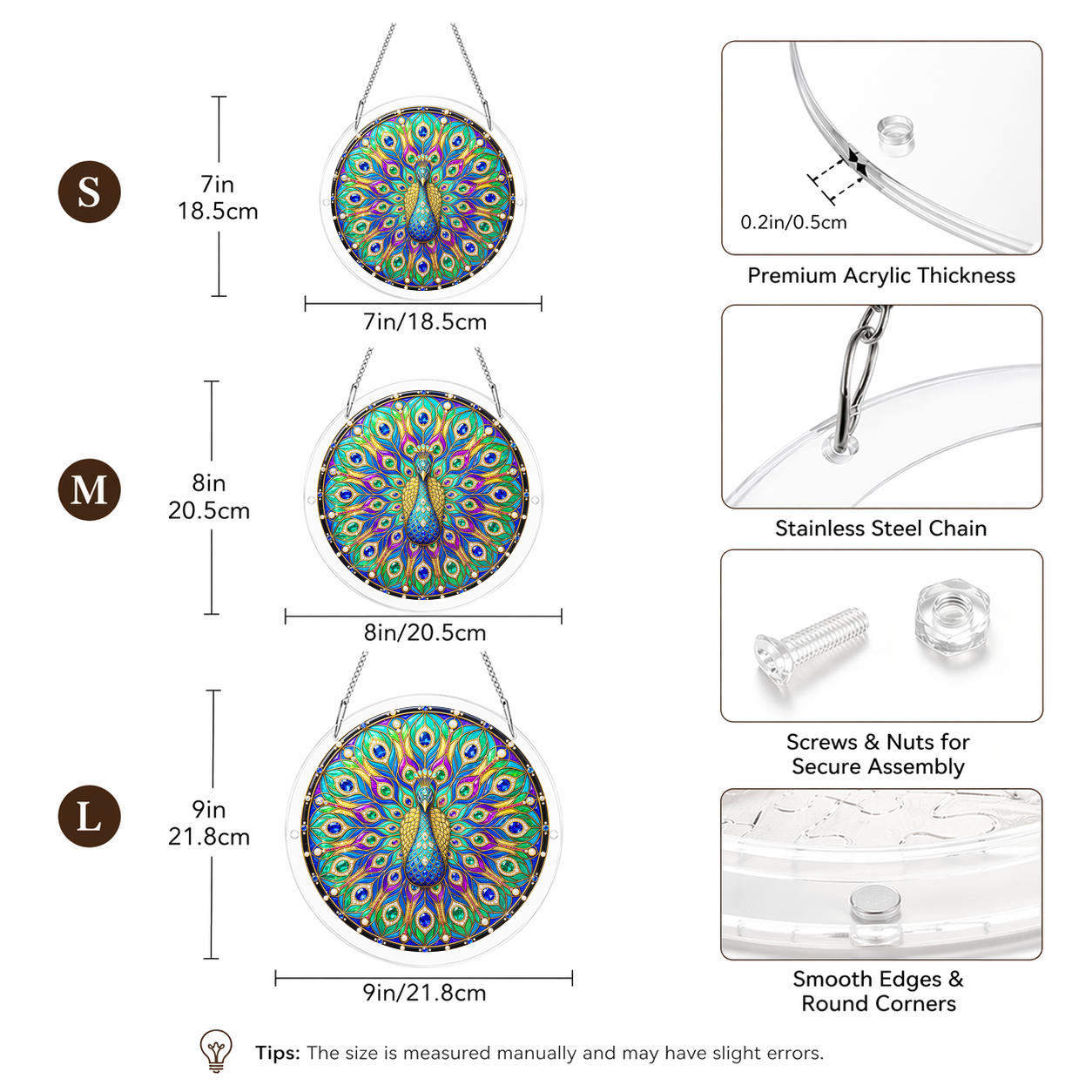 Acrylic Jigsaw Puzzle Suncatcher - Peacock Radiance - Size guide