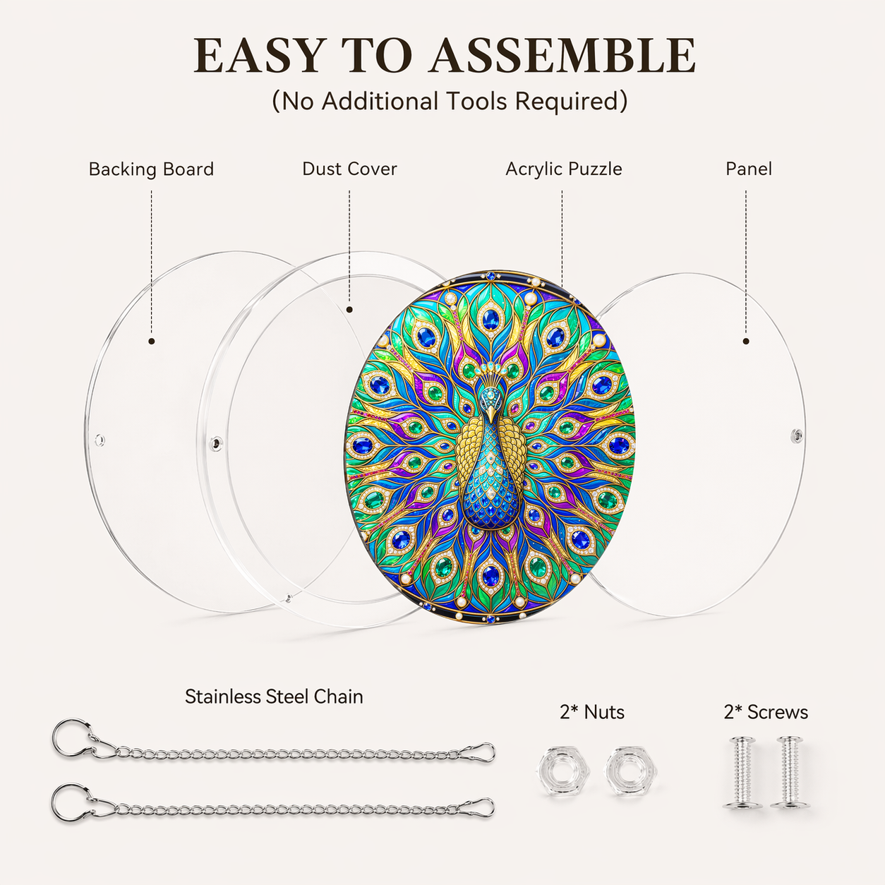 Acrylic Jigsaw Puzzle Suncatcher - Peacock Radiance - Assembly accessories