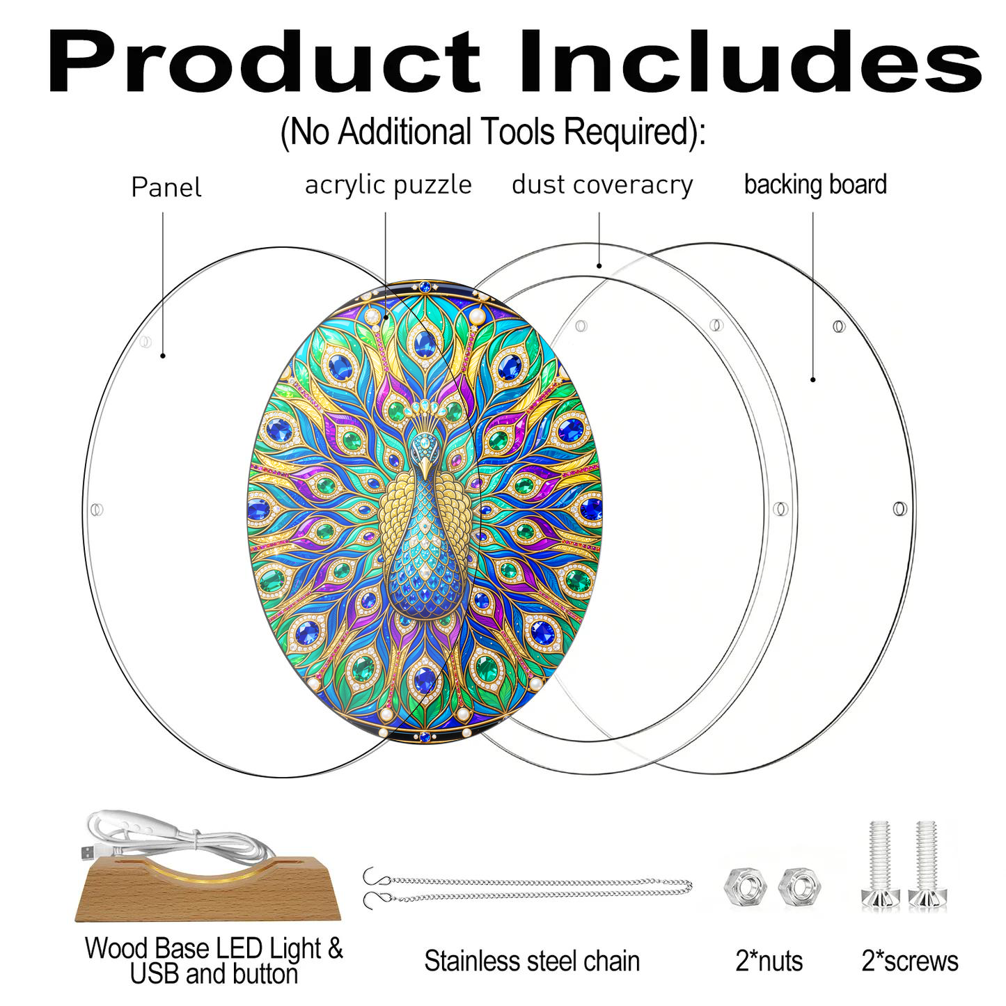 Acrylic Jigsaw Puzzle Suncatcher - Peacock Radiance - Product includes