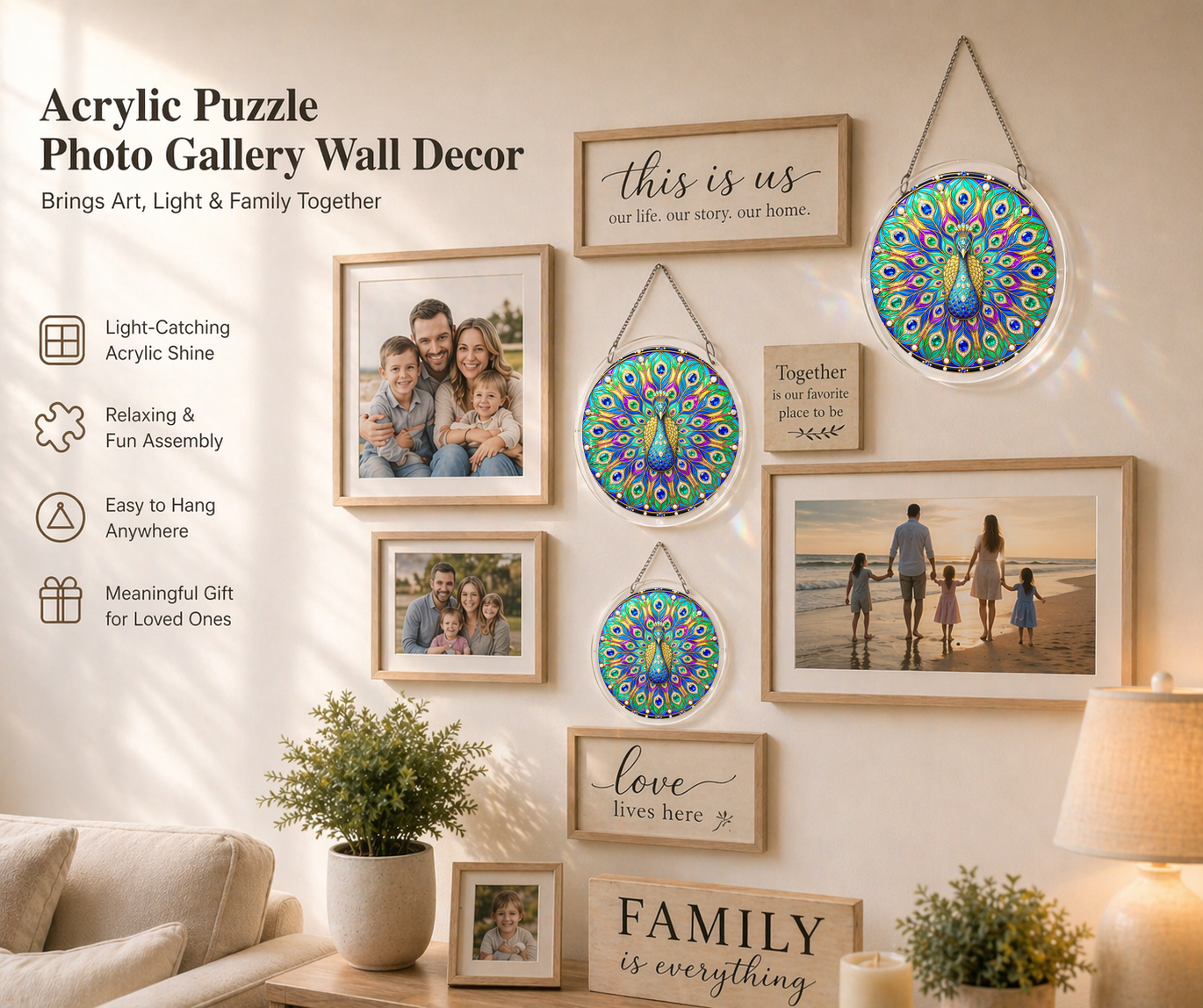 Acrylic Jigsaw Puzzle Suncatcher - Peacock Radiance - Gallery wall decor