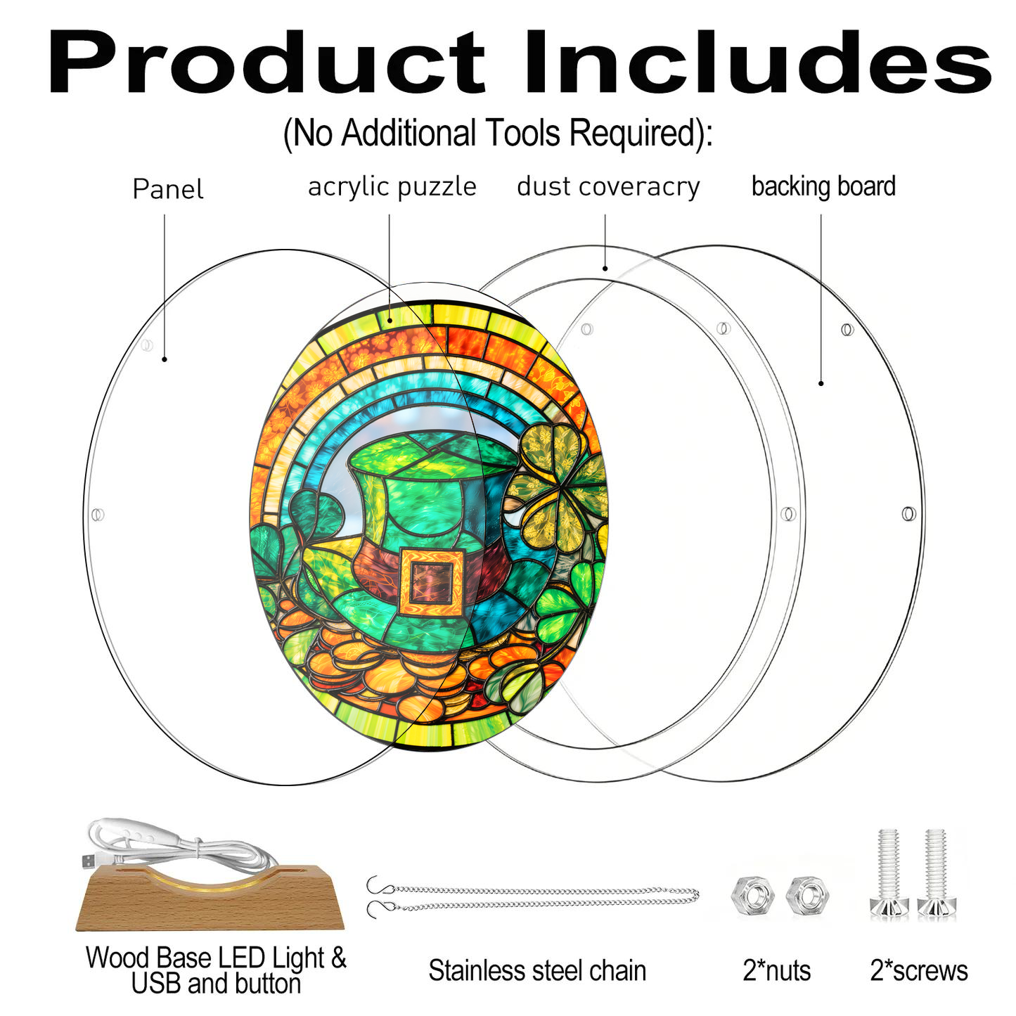 Acrylic Jigsaw Puzzle Suncatcher - Rainbow Lucky Hat - Product includes