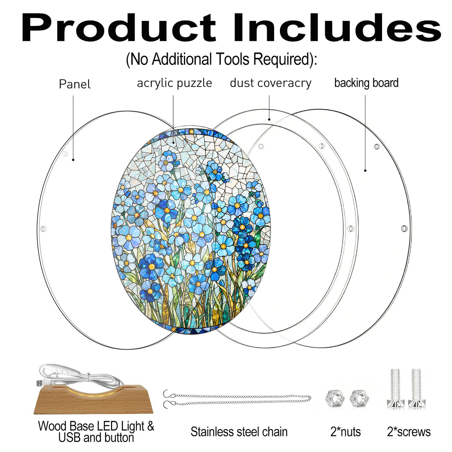 Acrylic Jigsaw Puzzle Suncatcher - Forget-Me-Not - Product includes