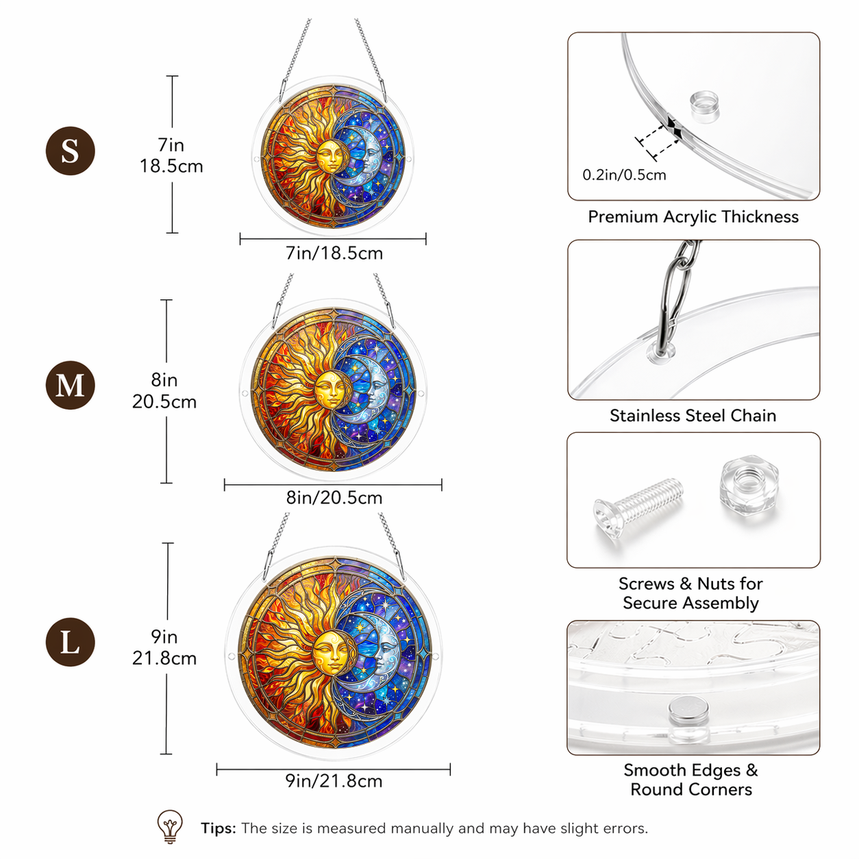 Acrylic Jigsaw Puzzle Suncatcher - Sun and Moon - Size guide