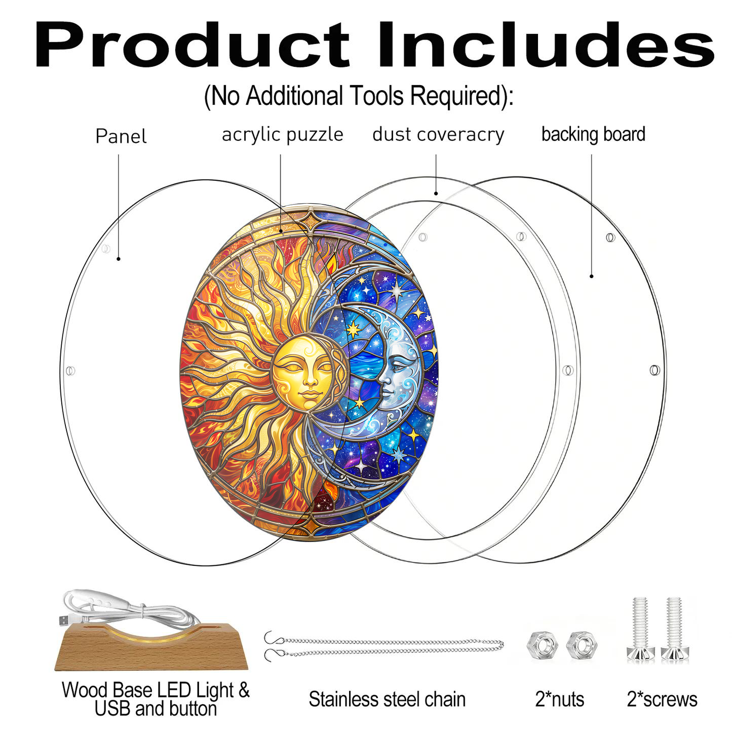 Acrylic Jigsaw Puzzle Suncatcher - Sun and Moon - Product includes