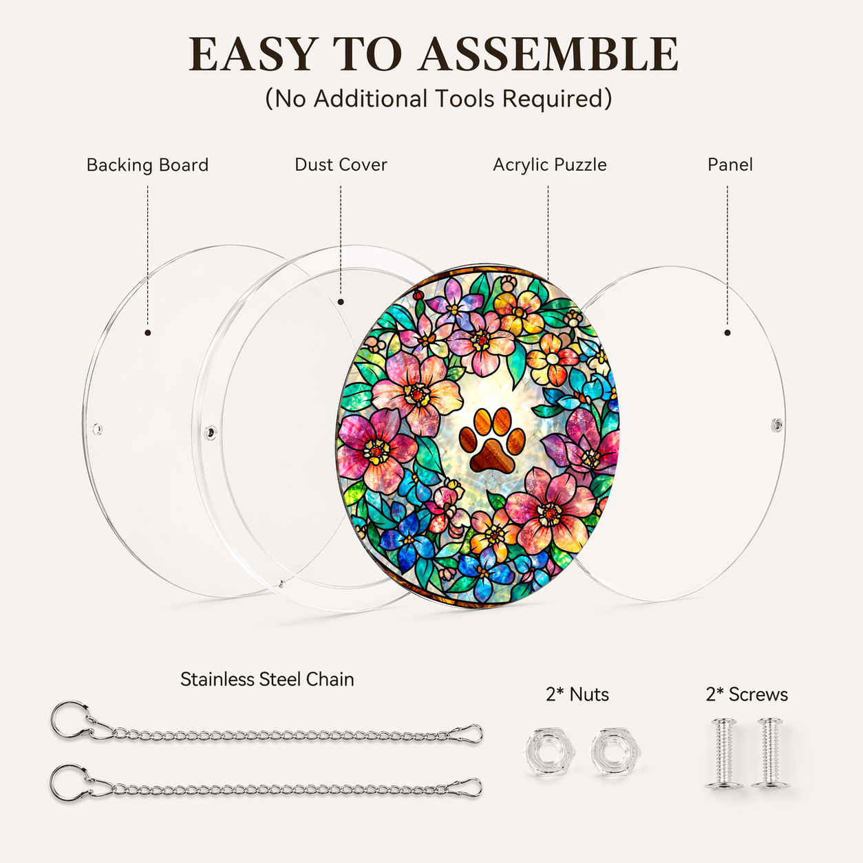 Acrylic Jigsaw Puzzle Suncatcher - Dog Paw Love - Assembly accessories