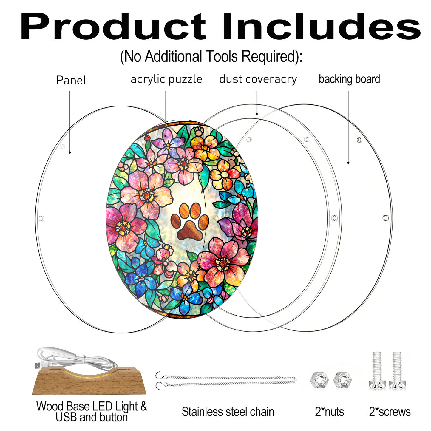 Acrylic Jigsaw Puzzle Suncatcher - Dog Paw Love - Product includes