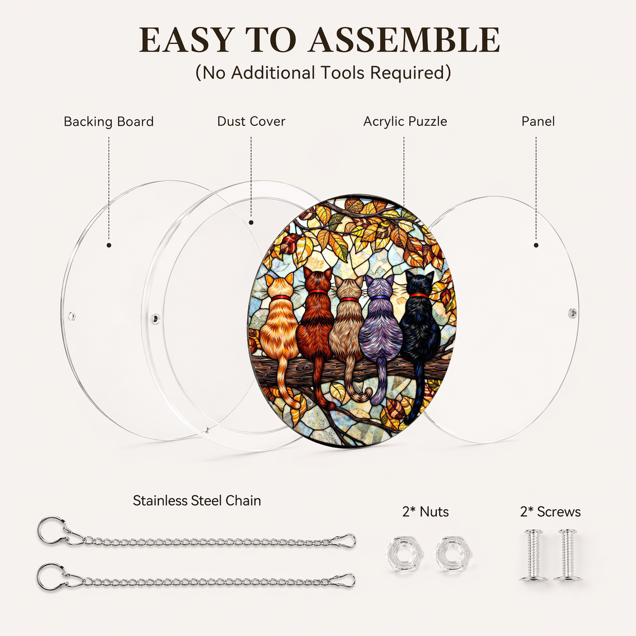 Acrylic Jigsaw Puzzle Suncatcher - Cat Portrait - Assembly accessories