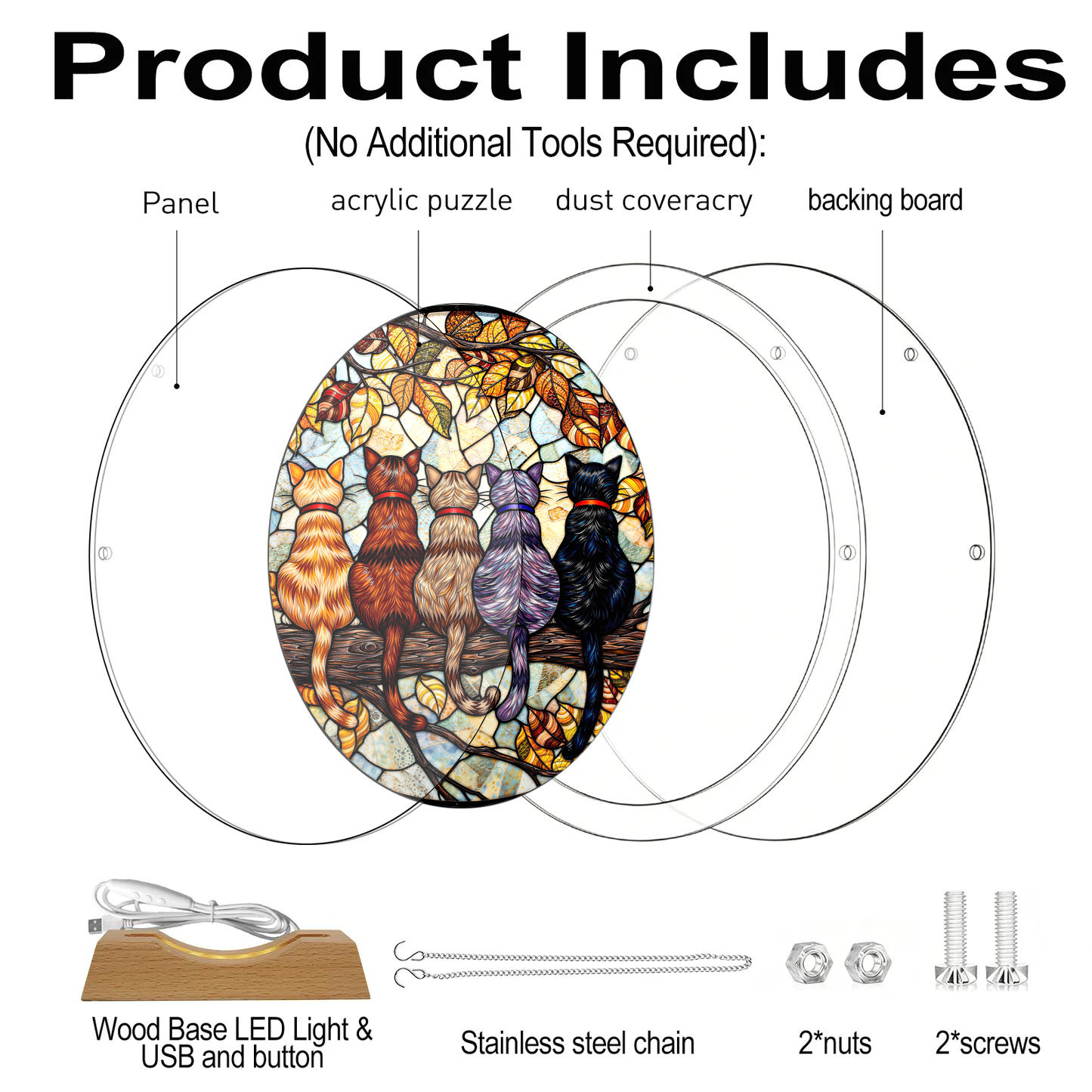Acrylic Jigsaw Puzzle Suncatcher - Cat Portrait - Product includes