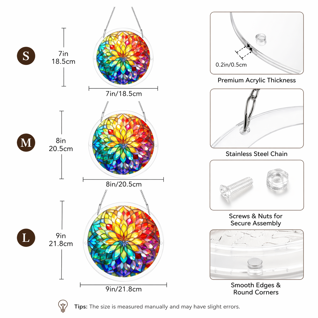Acrylic Jigsaw Puzzle Suncatcher - Mandala Glow - Size guide