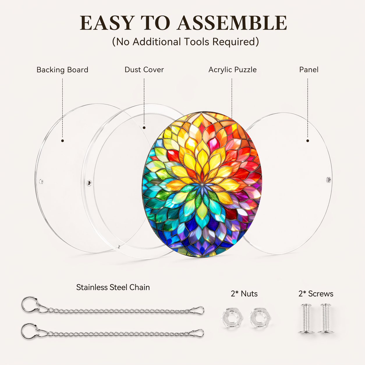 Acrylic Jigsaw Puzzle Suncatcher - Mandala Glow - Assembly accessories