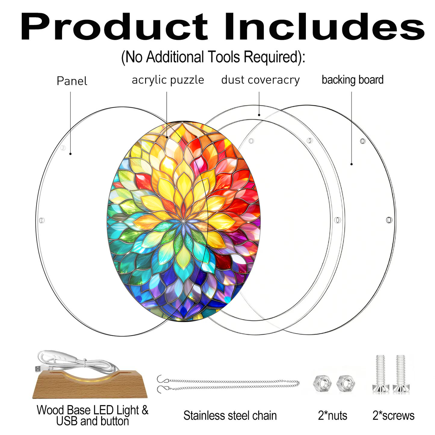 Acrylic Jigsaw Puzzle Suncatcher - Mandala Glow - Product includes