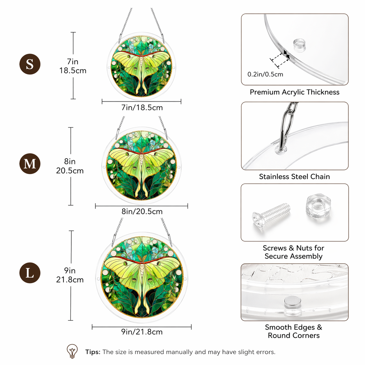 Acrylic Jigsaw Puzzle Suncatcher - Moon Moth - Size guide
