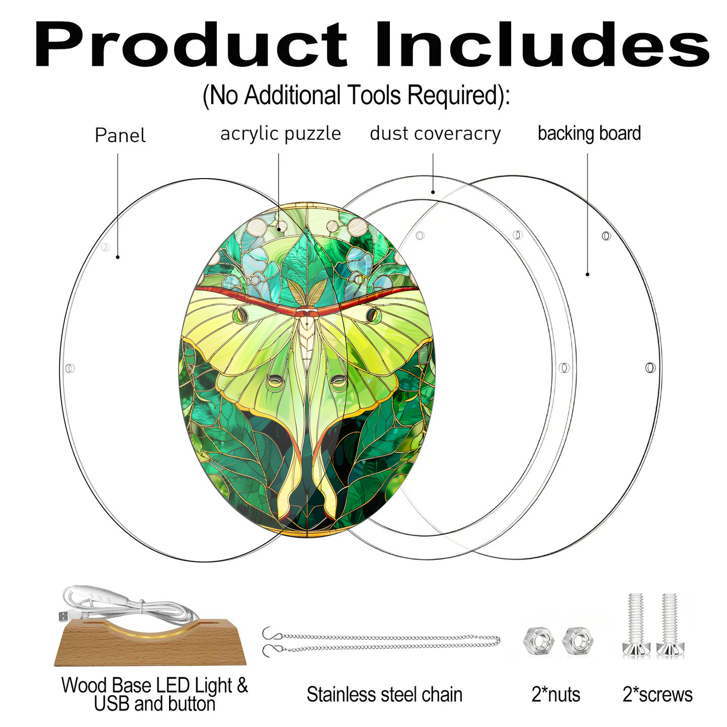 Acrylic Jigsaw Puzzle Suncatcher - Moon Moth - Product includes