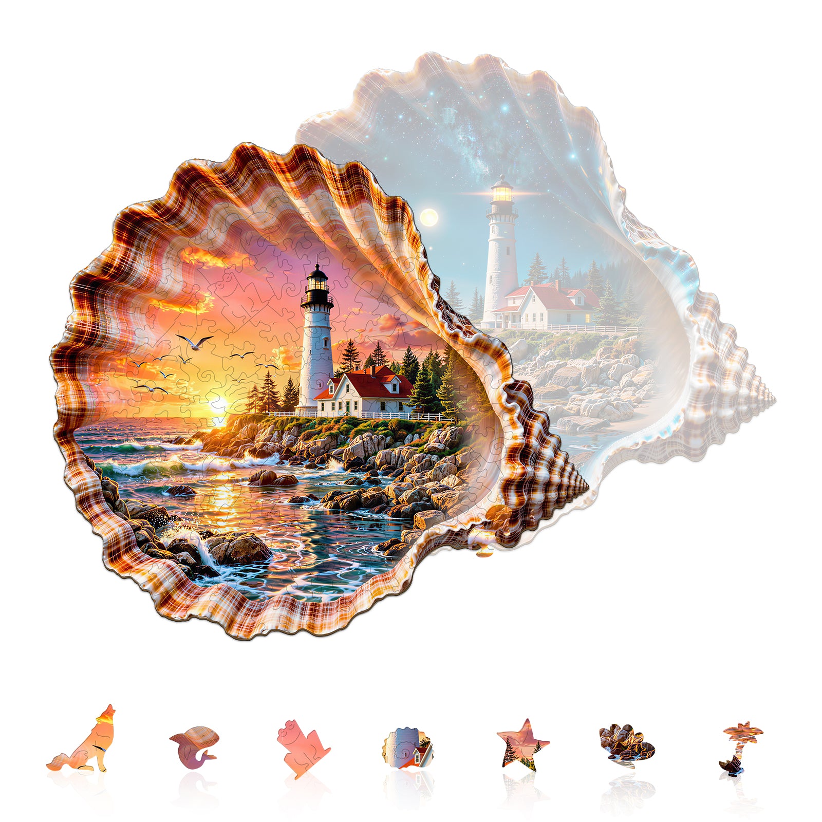 Double-sided Shell Lighthouse Wooden Jigsaw Puzzles for Adults