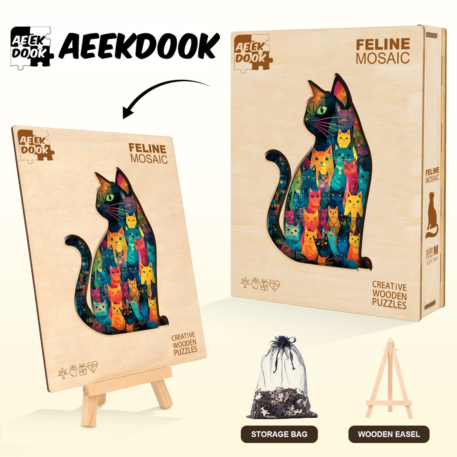 Colorful Patchwork Cat Wooden Jigsaw Puzzles for Adults - Aeekdook