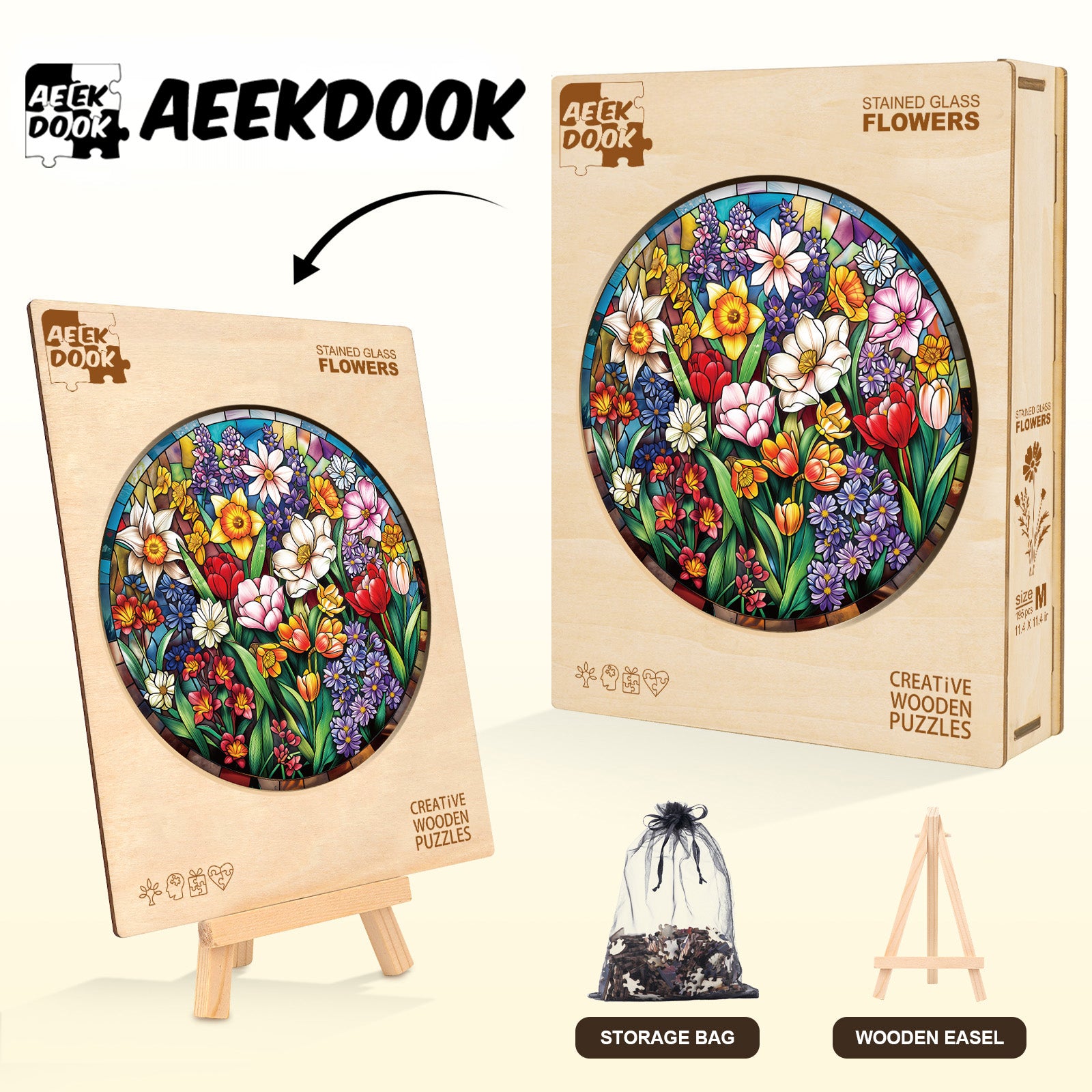 Stained Glass Flowers Wooden Jigsaw Puzzles for Adults - Aeekdook
