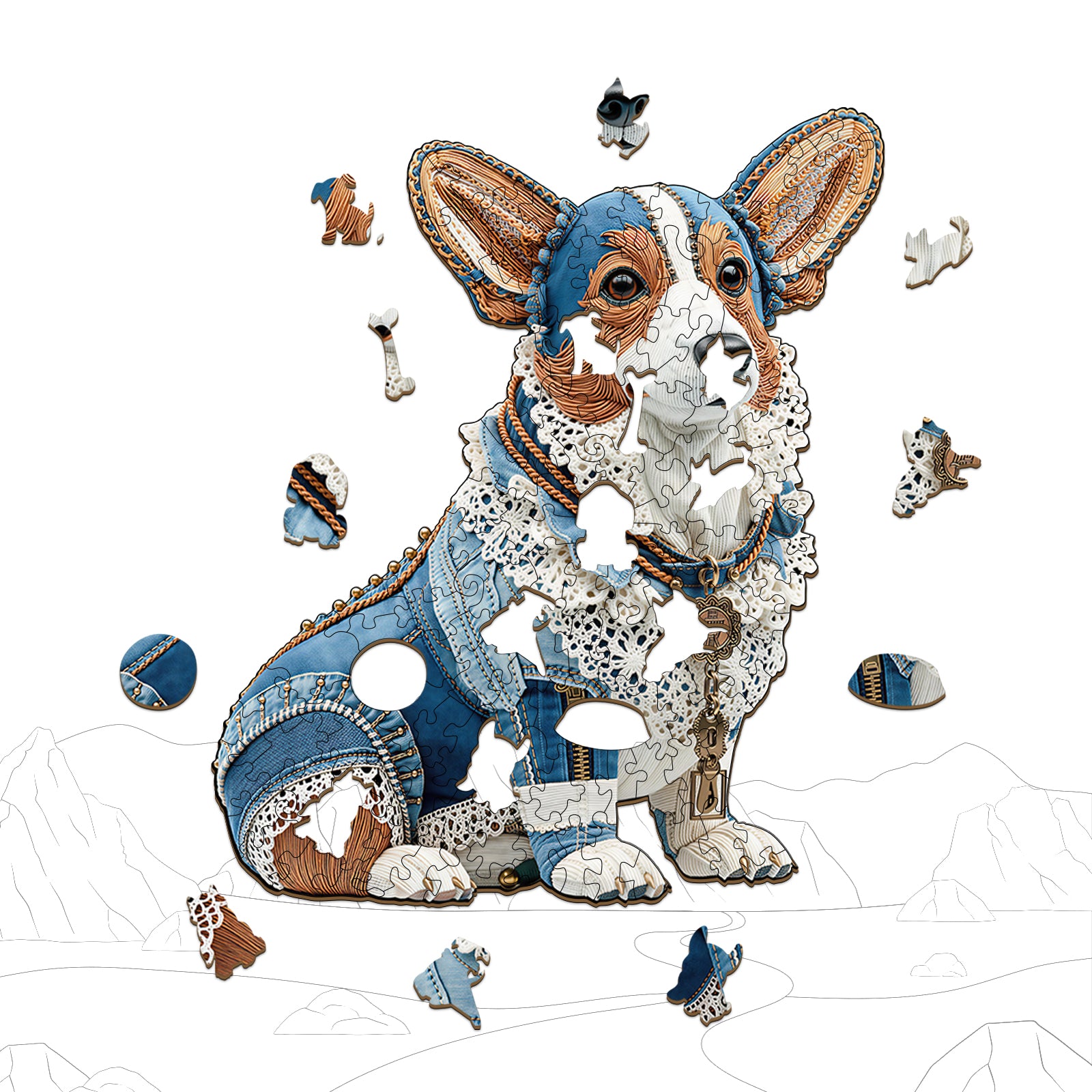 Denim Corgi Wooden Jigsaw Puzzles