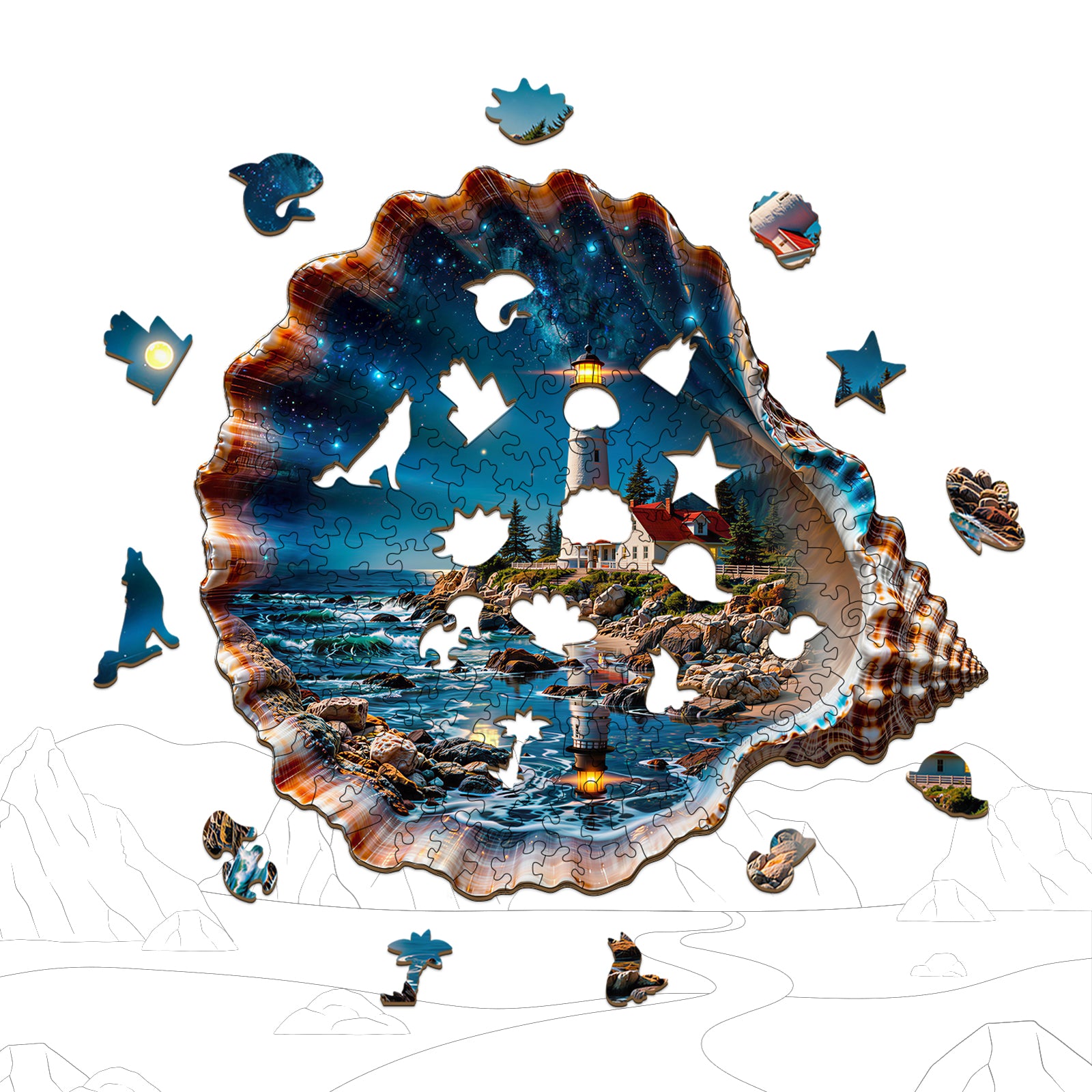 Double-sided Shell Lighthouse Wooden Jigsaw Puzzles for Adults