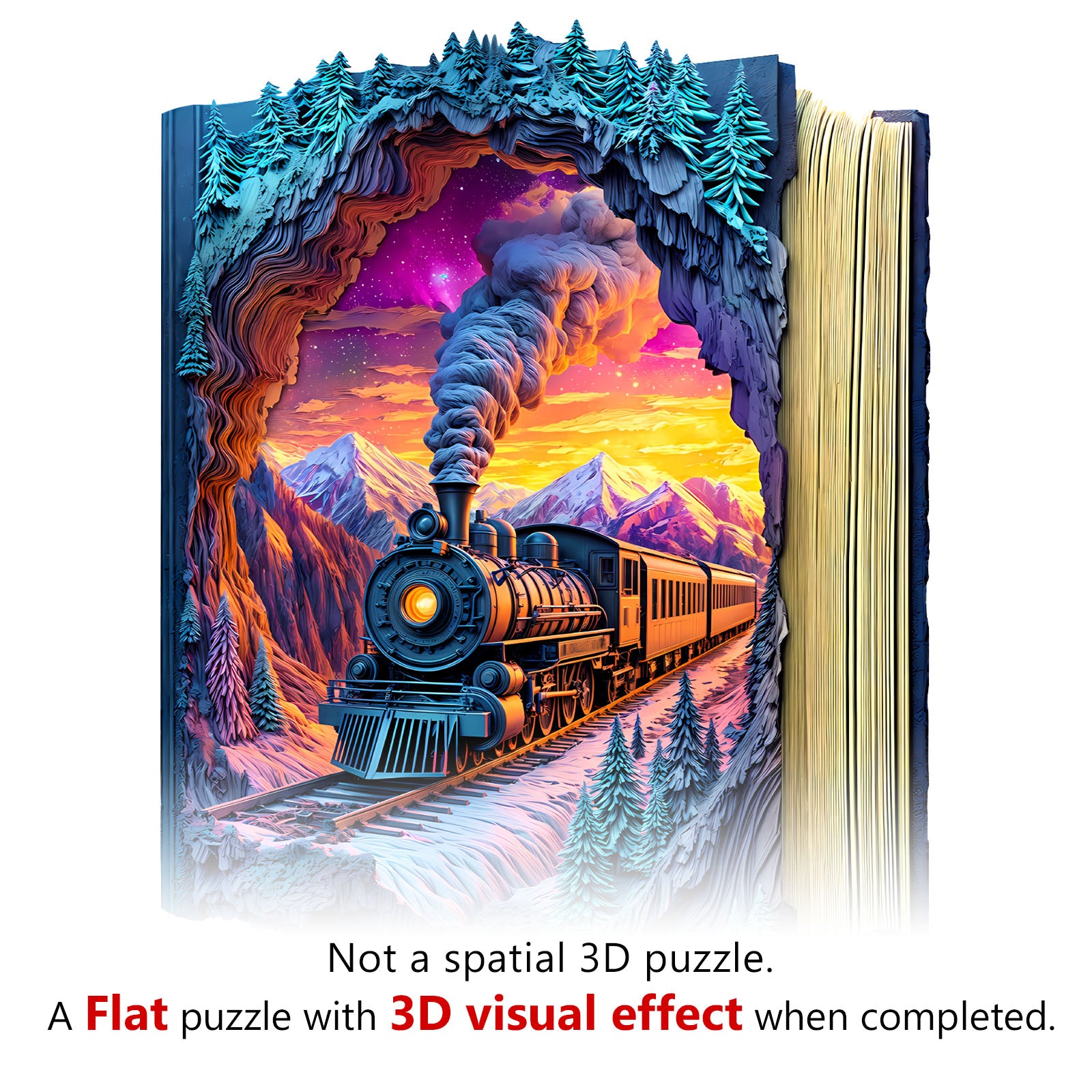 Aurora Train Wood Puzzle Surreal Night Landscape - Aeekdook