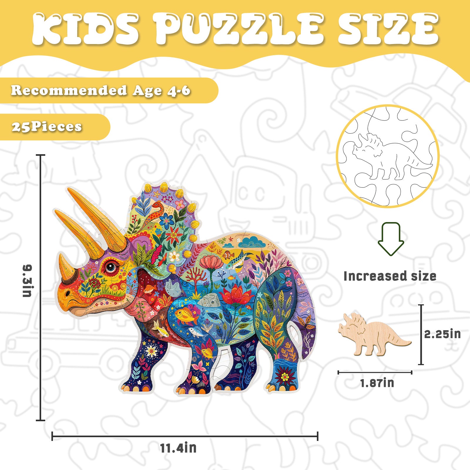 Colorful Triceratops 25 Piece Kids Wood Puzzle