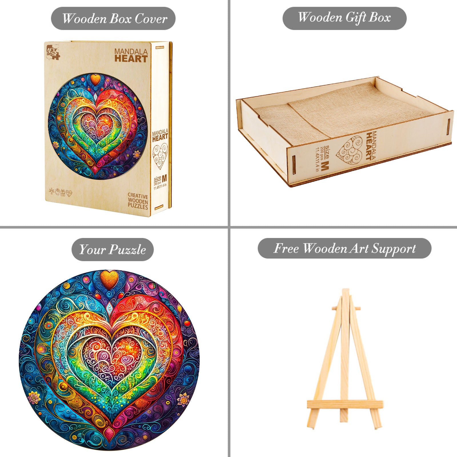 Mandala Heart Unique Shape Wood Puzzle Love Gift - Aeekdook