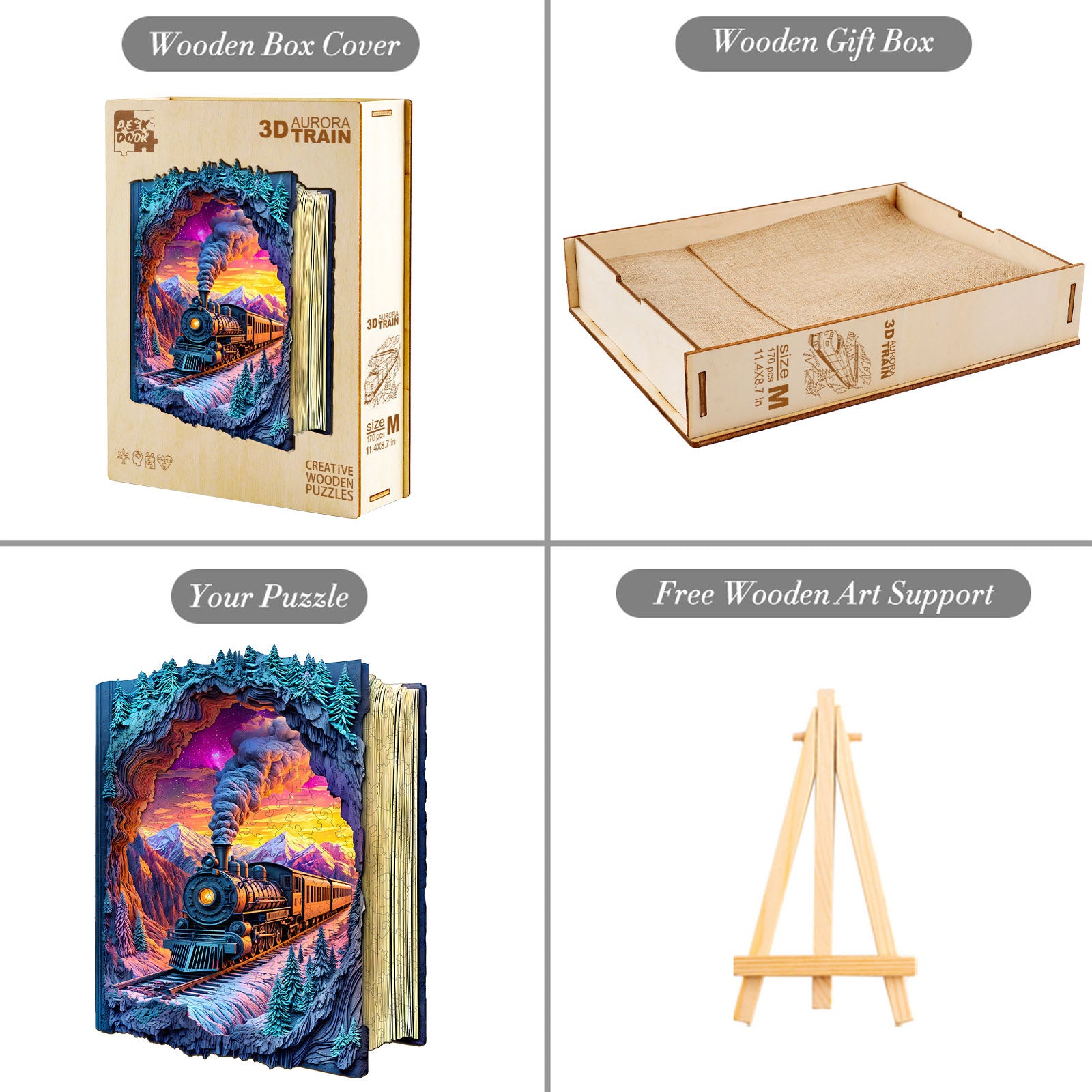 Aurora Train Wood Puzzle Surreal Night Landscape - Aeekdook