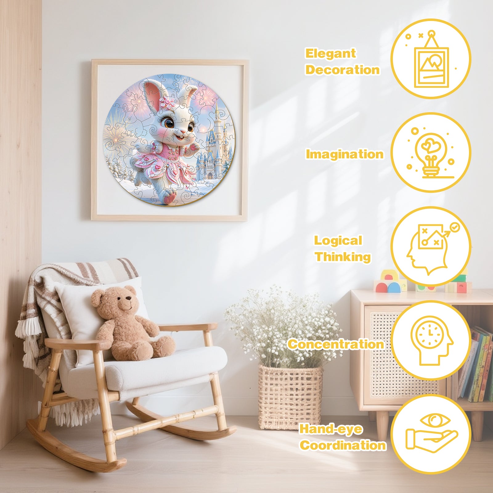 Fairy Rabbit Wood Puzzle Whimsical Montessori Learning Toy - Aeekdook