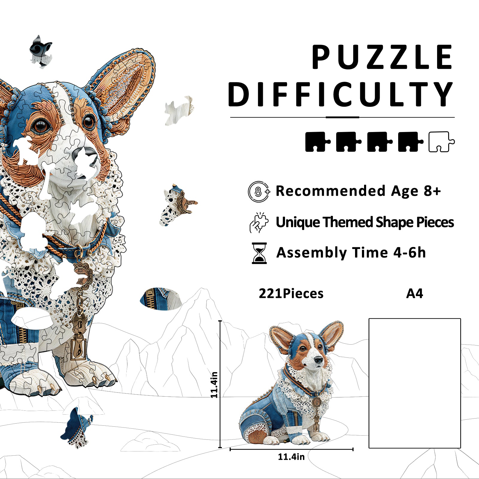 Denim Corgi Wooden Jigsaw Puzzles