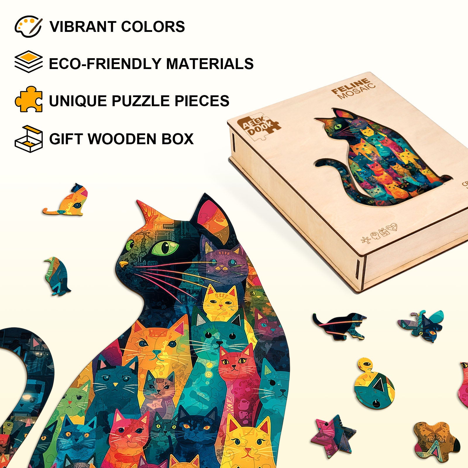 Colorful Patchwork Cat Wooden Jigsaw Puzzles for Adults - Aeekdook