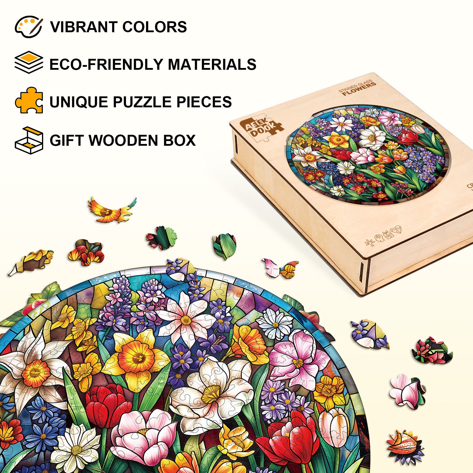 Stained Glass Flowers Wooden Jigsaw Puzzles for Adults - Aeekdook