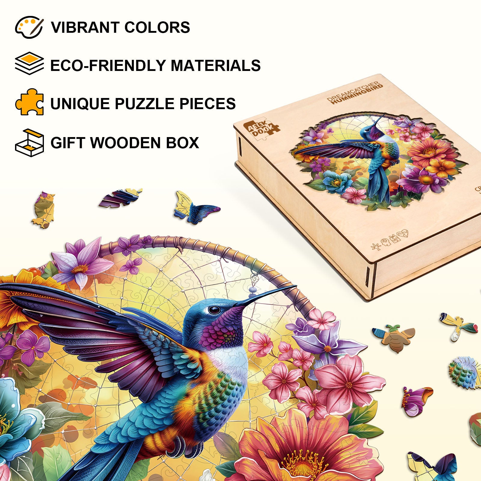 Dreamcatcher Hummingbird Wooden Jigsaw Puzzles for Adults - Aeekdook
