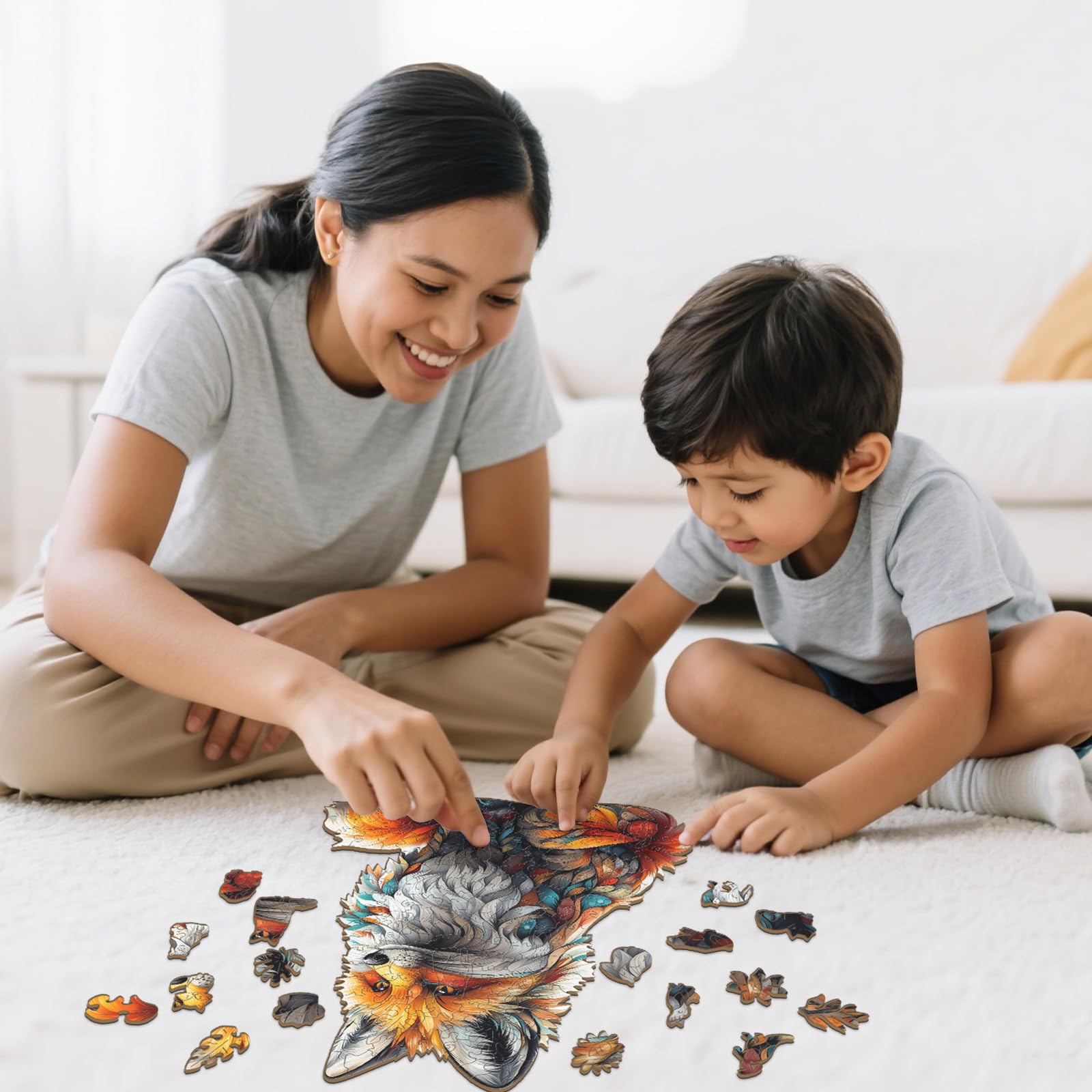 Artistic Fox Unique Shape Wood Puzzle Vibrant Animal - Aeekdook